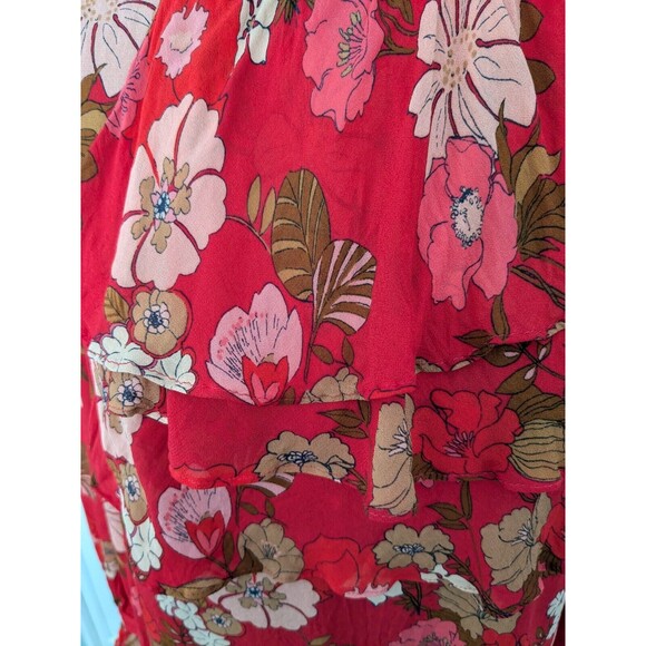 Zara Blouse Womens sz M Red Floral Print Ruffle Sheer Romantic Boho Chic Peasant - Picture 3 of 15